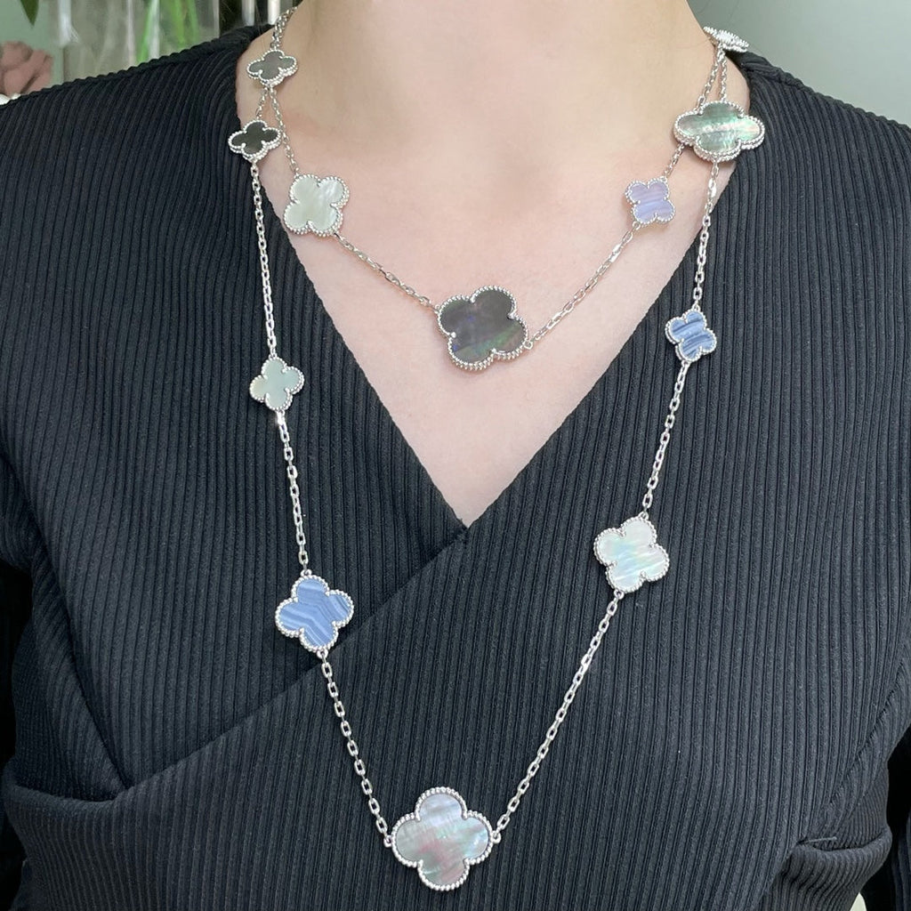 TimiCLOVER 16 MOTIF CHALCEDONY MOP SILVER NECKLACE