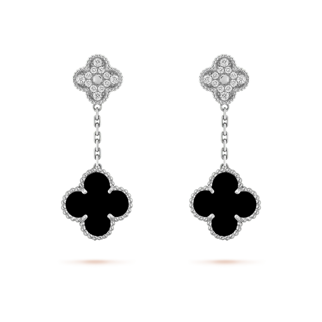 TimiCLOVER 2 MOTIFS  DIAMOND ONYX EARRINGS SILVER